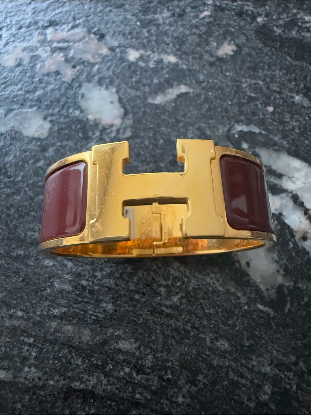 Hermès Clic H Wide Enamel Bracelet in Burgundy and Gold